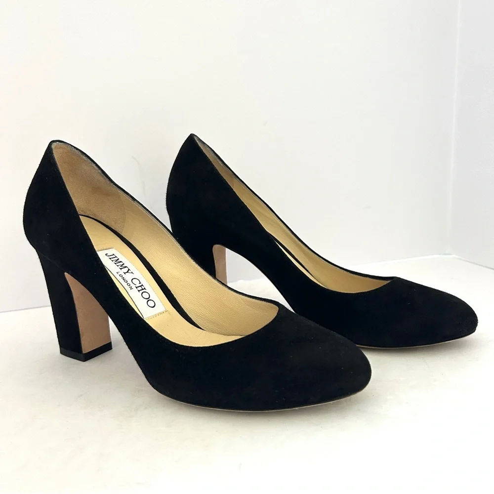 Jimmy Choo Billie Suede Pumps Block Heel Round Toe Minimalist Size US 5 EU 35 - Picture 9 of 14